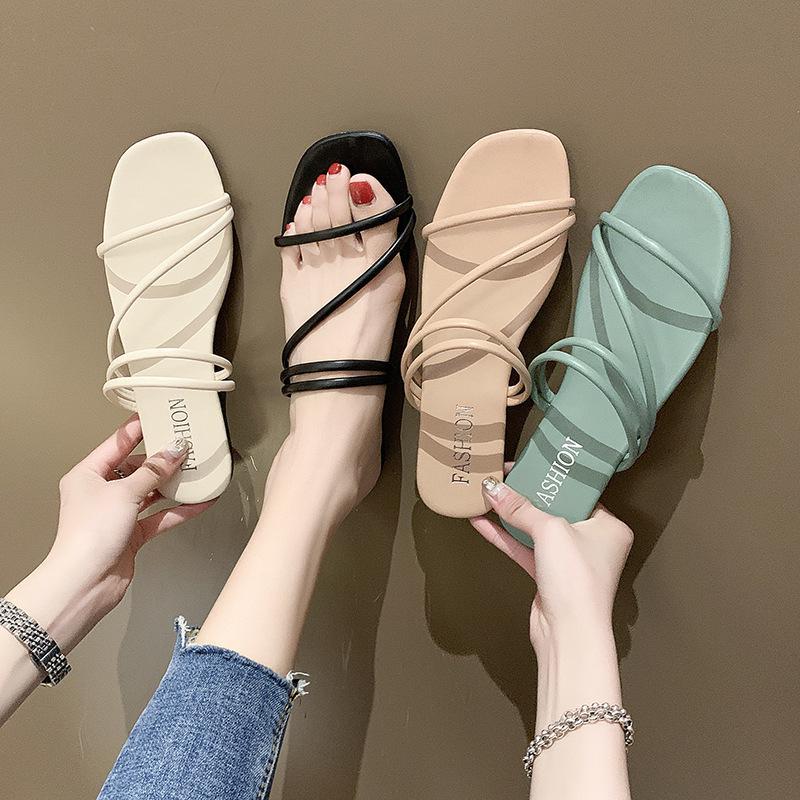 2021 Sommer Damenmode Koreanischer Stil Zwei-Trage-Ein-Riemen Flache Sandalen