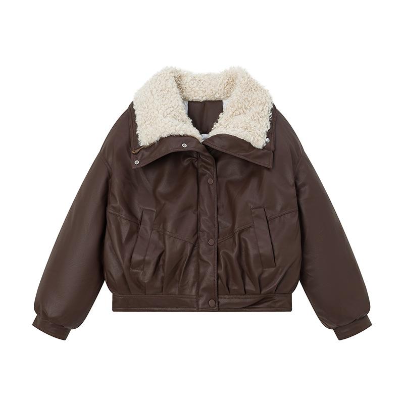 All-match Lambskin Cotton-padded Jacket Women's Short Lamb Wool Down Cotton-padded Jacket Winter Fur Collar Cotton-padded Jacket