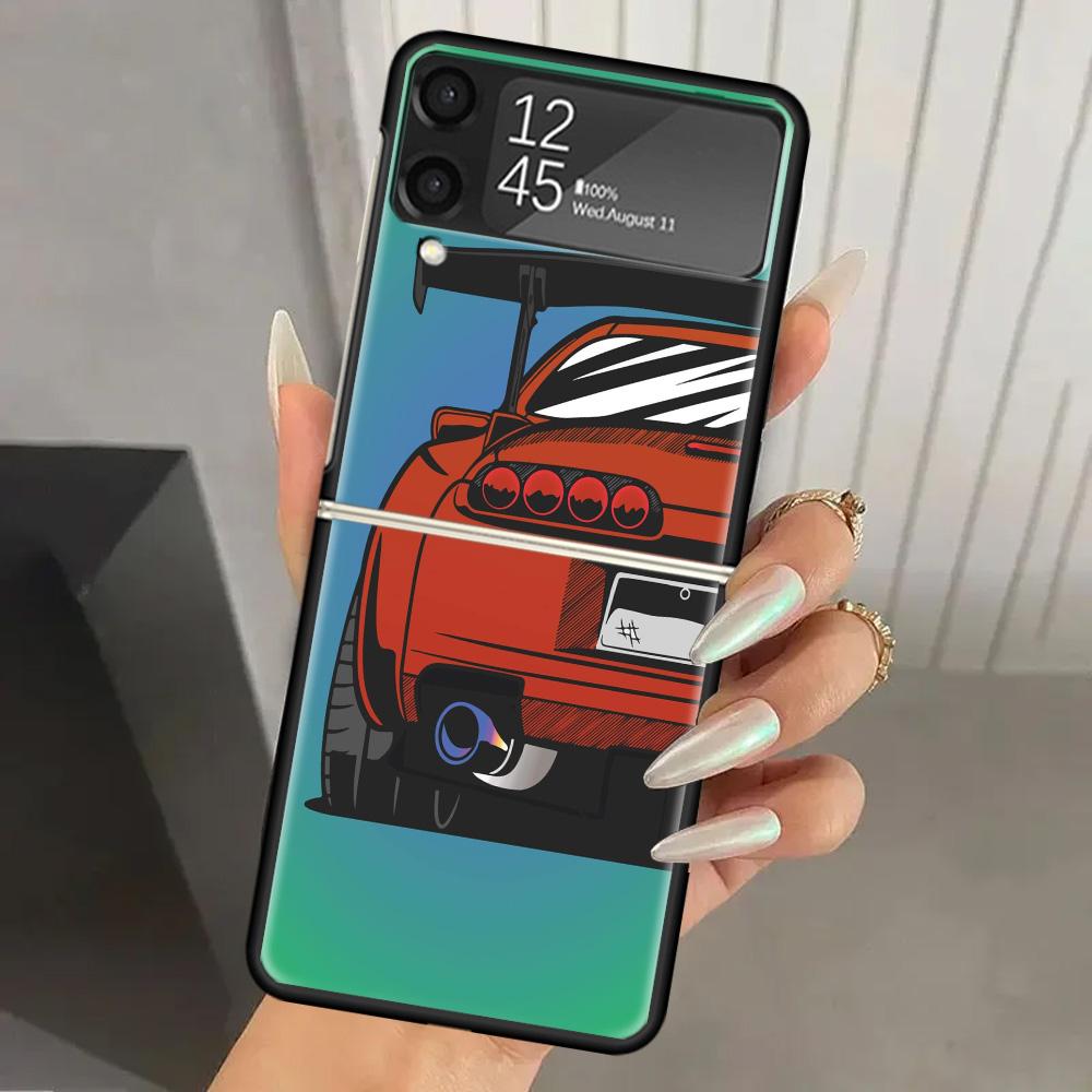 Japan JDM Sports Cars Comic Hard PC Phone Case For Samsung Galaxy Z Flip 7 6 5 4 3 Black ZFlip7 ZFlip6 Flip5 Flip4 Flip3 5G Prin