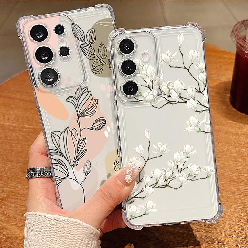 Flower Leaf Pattern Phone Case For Samsung Galaxy S26 S25 S24 S23 Ultra S22 S26 Plus S21 S24 S25 FE Clear Shockproof Soft Cover