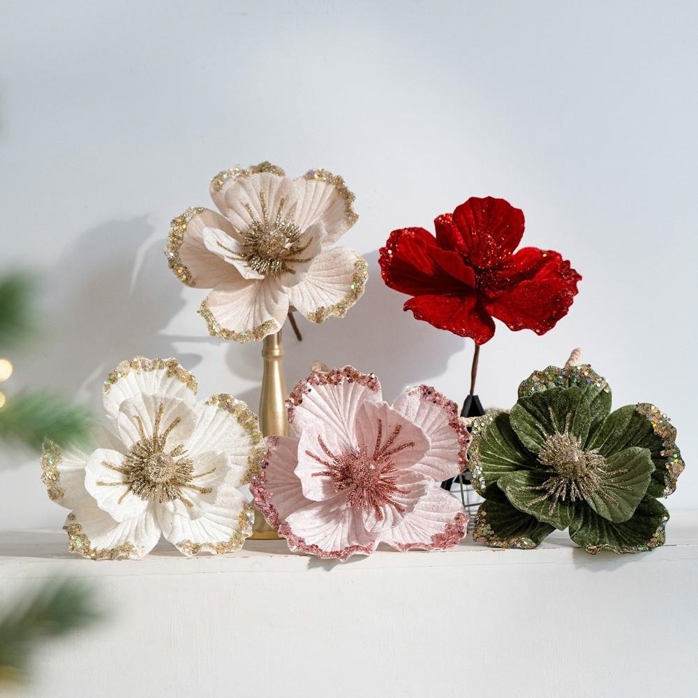 Glitter Finish Artificial Poinsettia Flowers 19cm Size Glitter Christmas Flowers Home Holiday Use