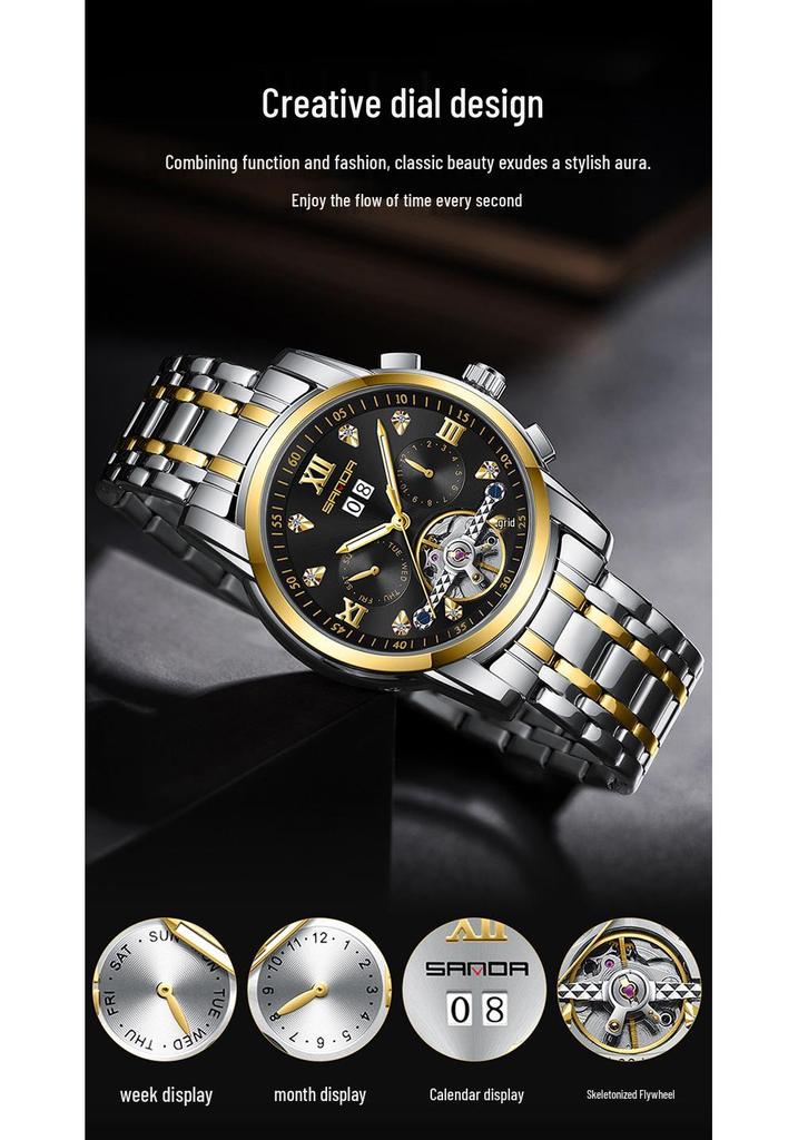 Sanda Men's Automatic Tourbillon Watch with Calendar - Trendy and Cool Design