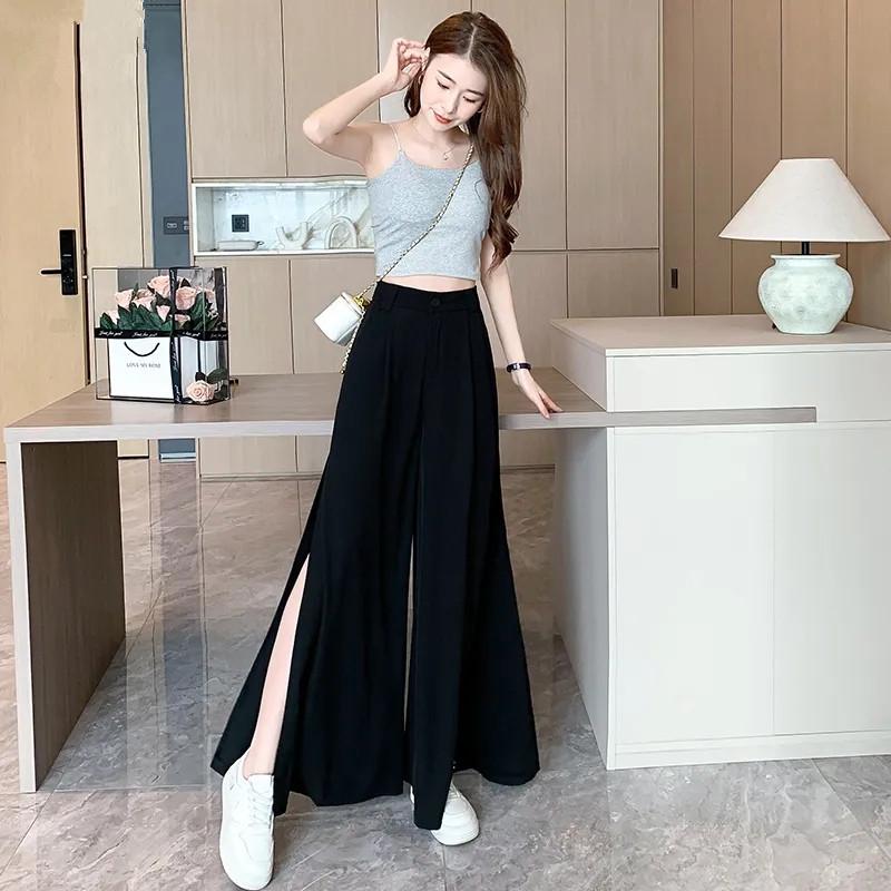 

Petite High-Waisted Drapey Split Wide-Leg Pants - Summer 2026 Korean Style for Women Extra Large чёрный