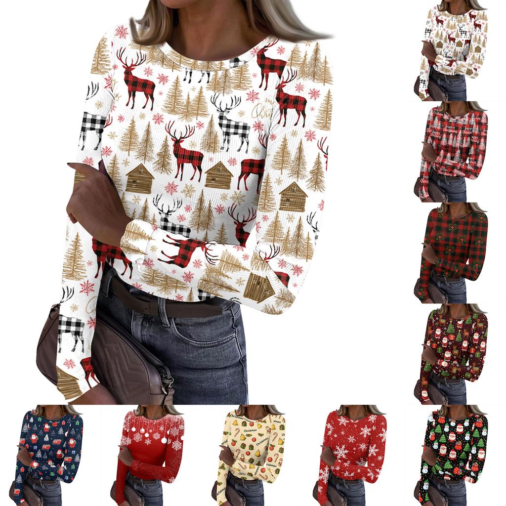 Women's Casual Long Sleeve Ribbed Neck Christmas Print Pullover Top