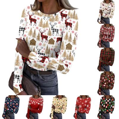 Women's Casual Long Sleeve Ribbed Neck Christmas Print Pullover Top
