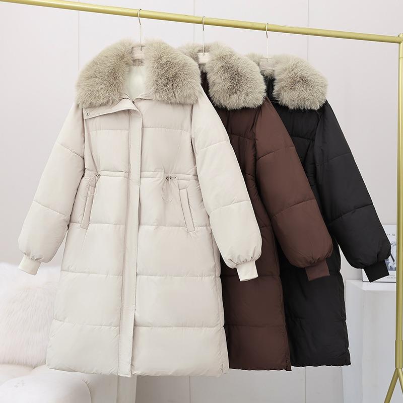 Coat big fur collar long knee waist cotton clothes women's loose bread clothes coat trendy