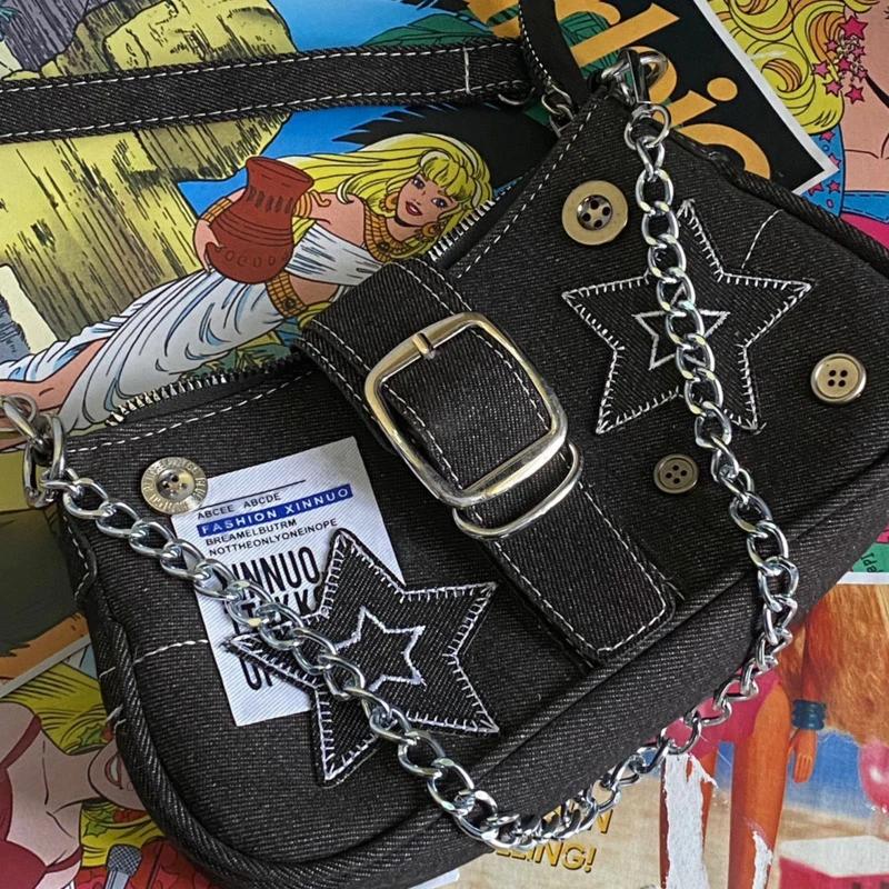 Vintage Canvas Female Small Shoulder Bags Chain Tote Purses Y2k Fashion Women's Handbags Stars Pattern Cool Girls Underarm Bag