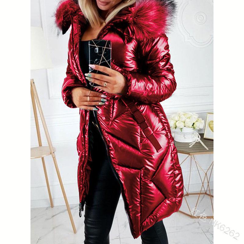 European & American Mid-Length Shiny PU Fur Collar Slim Fit Cotton Jacket 2024 - Fashionable, Warm Coat for Women.
