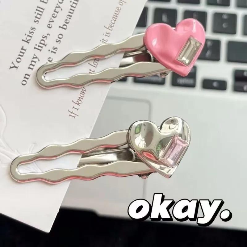 Metal Love Rhinestone Hair Clips Women's Hairpin Sweet Cool Bangs Side Duckbill Clip Hair Barrettes Korean Girls Headwear