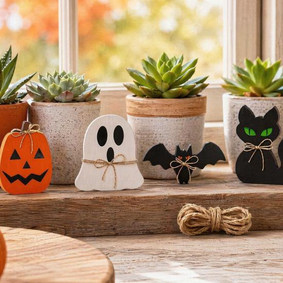 Tiered Tray Halloween Set 6Pcs Decor, Ghost Black Cat Mummy Figurines, Pumpkin Witch Wooden Decorations Hat Bat Ornaments for Shelf Table, Party