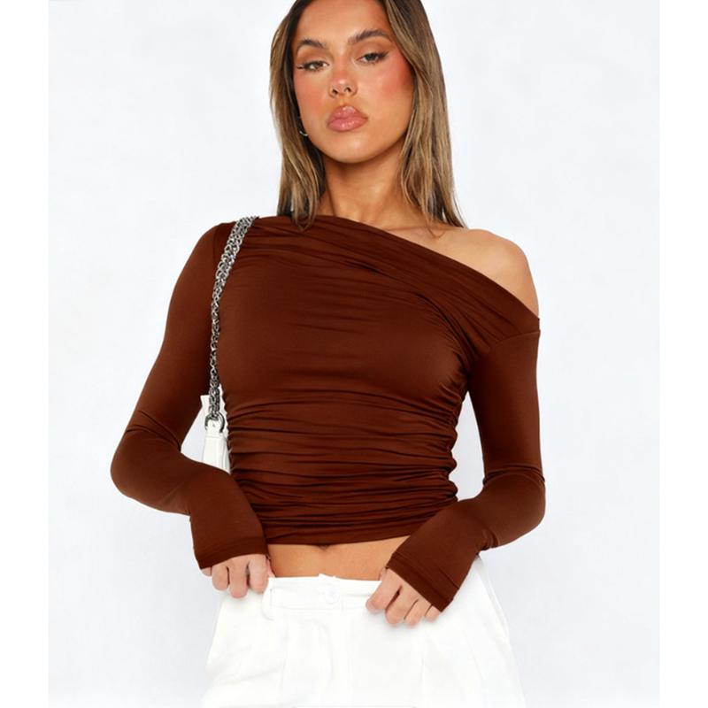 Women's Shirts Elegant Sexy Spring Summer New Casual Corseted Diagonal Shoulder Asymmetric Slim Long Sleeve Streetwear Top