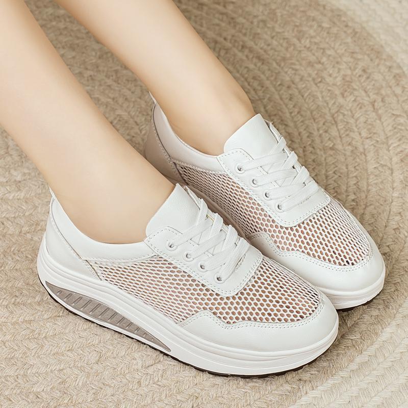 Women's Hole Sneakers Height Increase White Leather Platform Casual Summer Thick Sole Elevator Shake Shoes