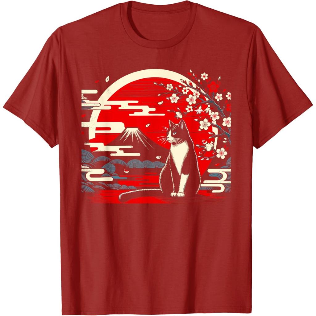 Japanese Ukiyo Style Tuxedo Cat Graphic Tee Mount Fuji Cherry Blossom Print Casual T-Shirt