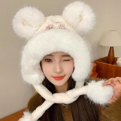 Gorro grueso de terciopelo para otoño e invierno, versión coreana, con orejas de oso de peluche, cálido y protector de orejas.