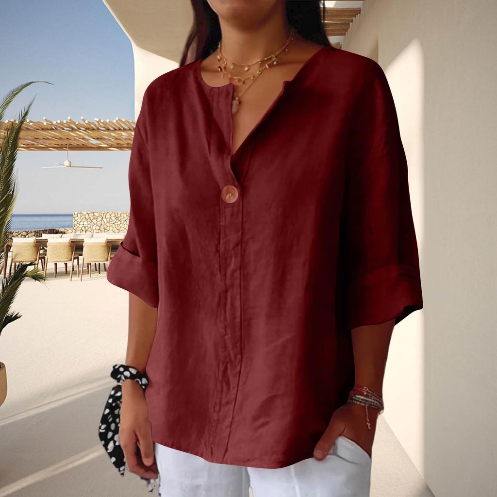 Women V Neck Button Up Three Quarter Sleeve Cotton Linen Blouse Loose Fit Casual Top for Everyday Wear