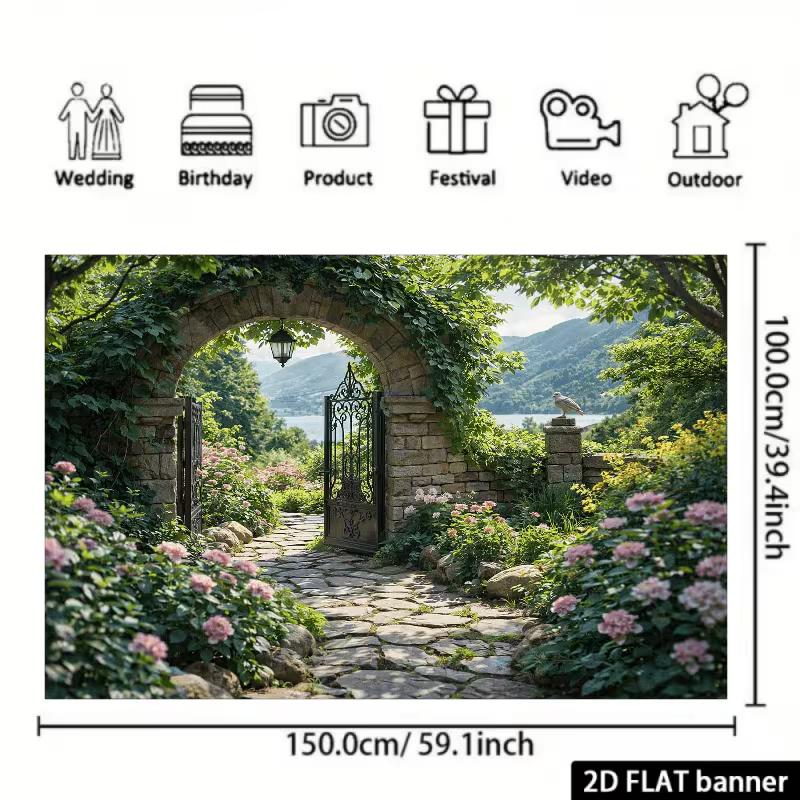 2D Enchanted Garden Backdrop Ivy Stone Arch Flower Photography Background