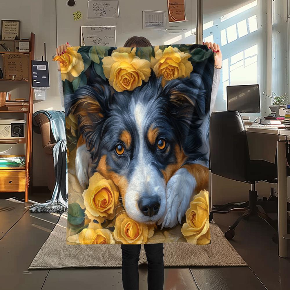 Australian Shepherd and Roses,pattern Flannel Blanket, High quality Comfortable for All Seasons, Home Decor, Warmth and Comfort, Perfect for Gifts.