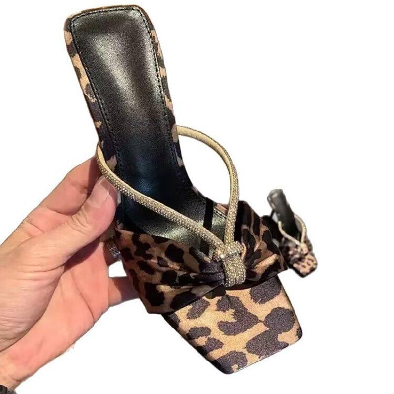 New Style Shoes Water Diamond Flip-flops High Heels Thin Straps Square Heads Exposed Toes One Line