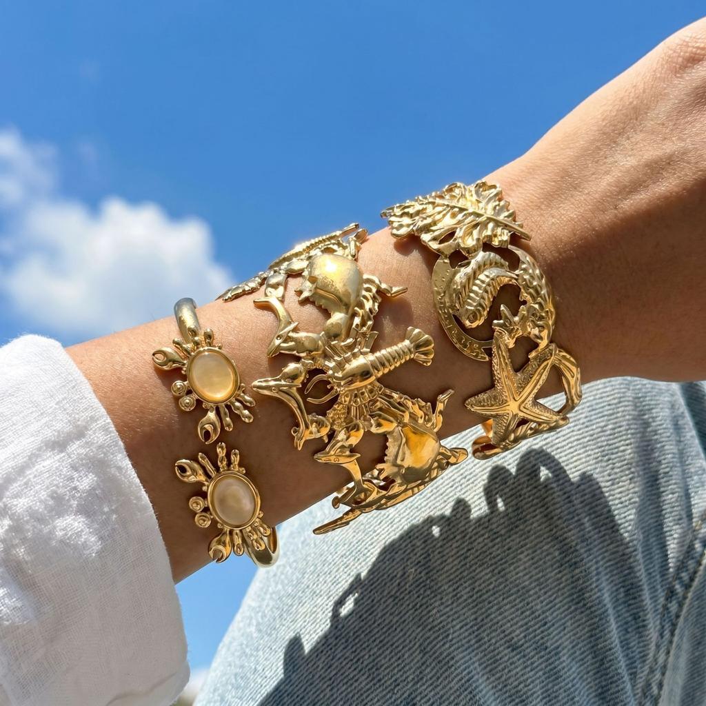 Holiday style starfish conch turtle high color retention opening bracelet, new 18K gold oil pressure stainless steel bracelet