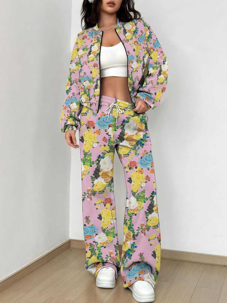 Casual Fashion Autumn and Winter New European and American Women's Clothing Color Flower Printing Suit Women
