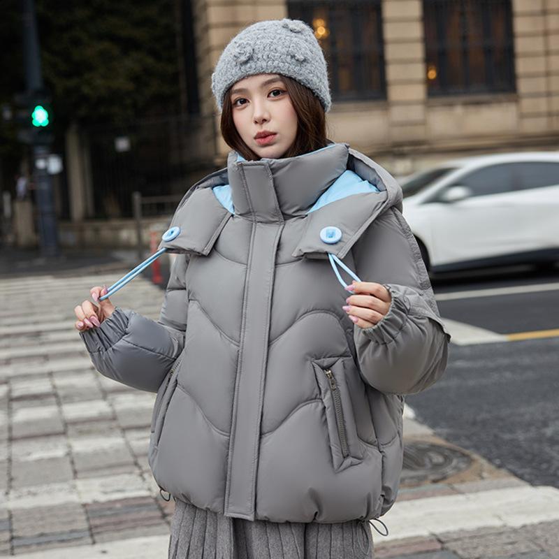 Women’s Short Color Contrast Hooded Windproof Thicken Warm Winter Jacket With Raglan Sleeves