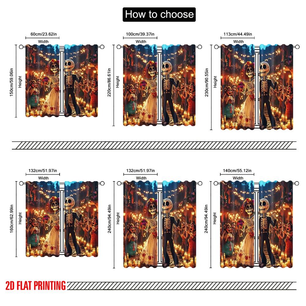 Flat Printing Colorful Day Dead Scene Curtain Flowers Versatile Polyester Without Electricity Curtains Set Of 2 Made
