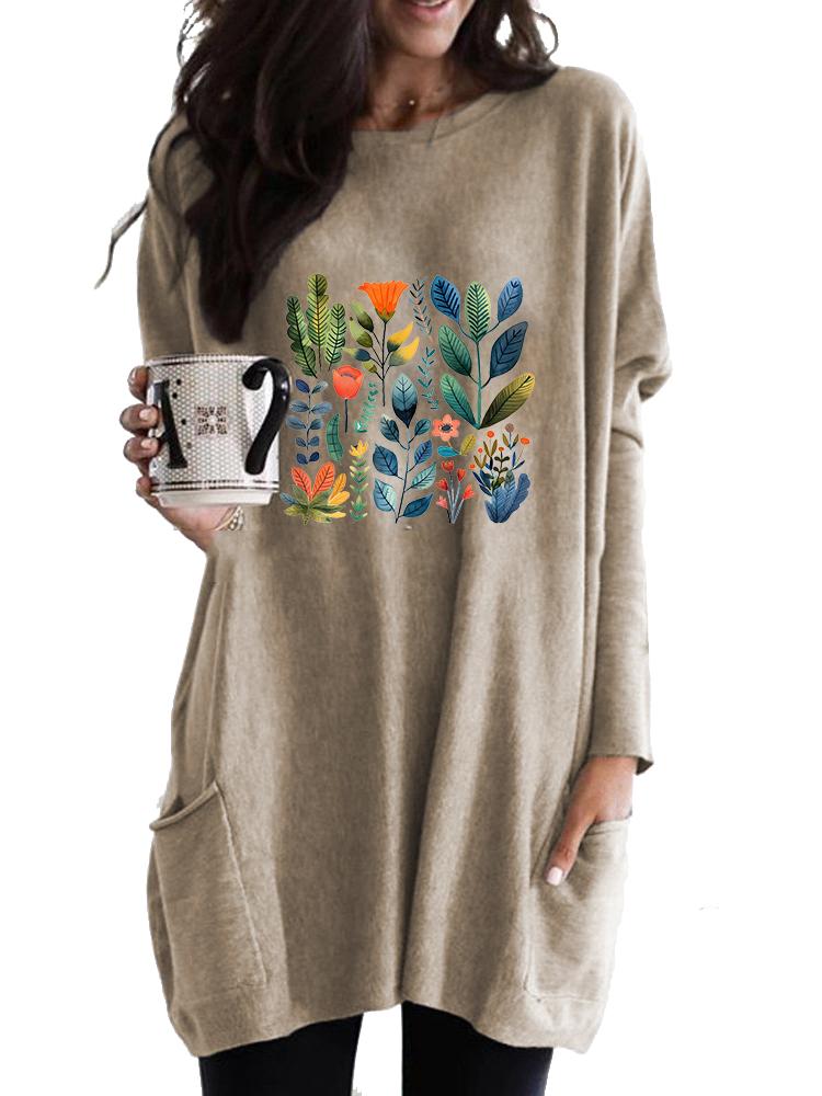 Ladies Sweatshirt Women's Long Tunic with Pockets Loose Fit Fashion Printed Logn Sleeve Top