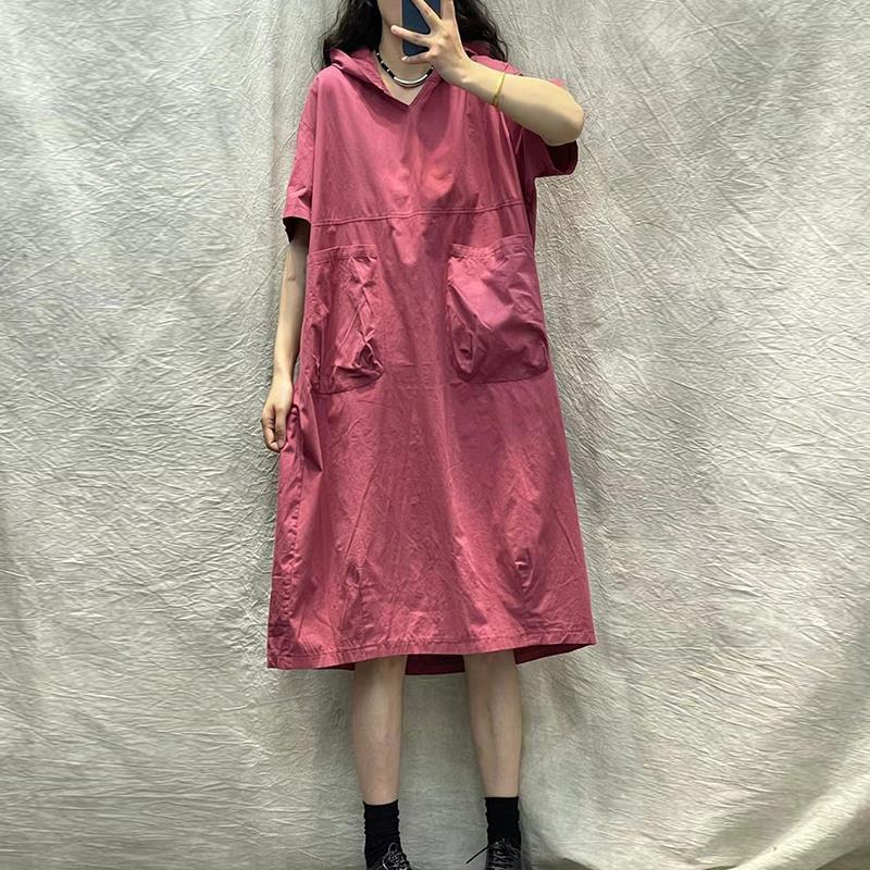 Hooded short-sleeved dress women's 2025 summer new retro loose large size thin casual medium and long dress
