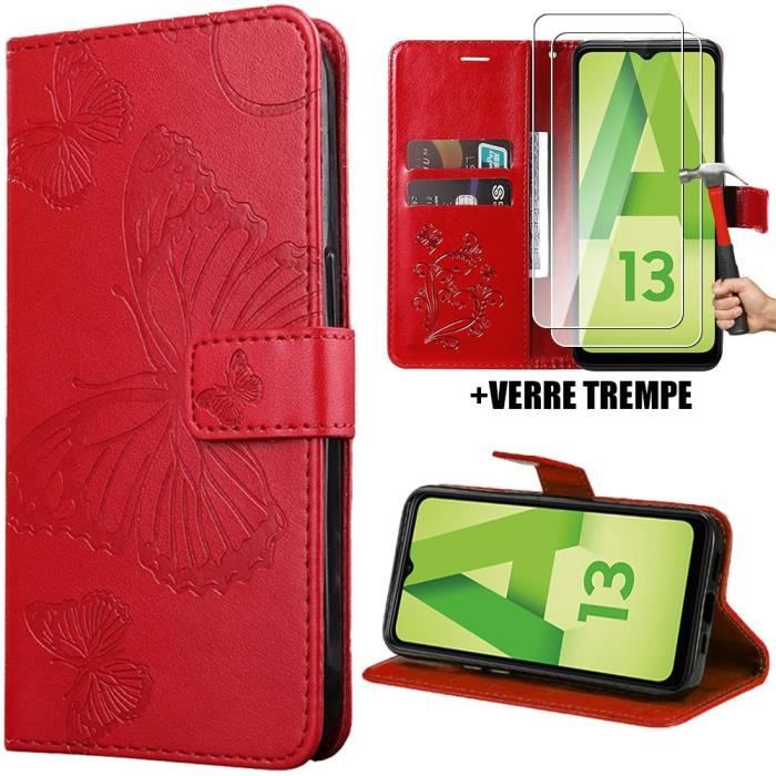 Coque de protection - Booling - pour Samsung Galaxy A13 5G - Cuir Synthétique Rouge - Motif Papillon - Chic