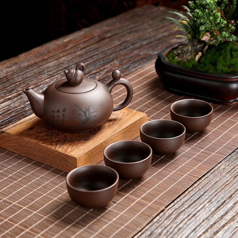 Antique Purple Clay Tea Set A Pot of Four Cups Suit Handmade Teaware Chinese Raw Ore Zisha Tea Set Home Tea Pot and Cup Set