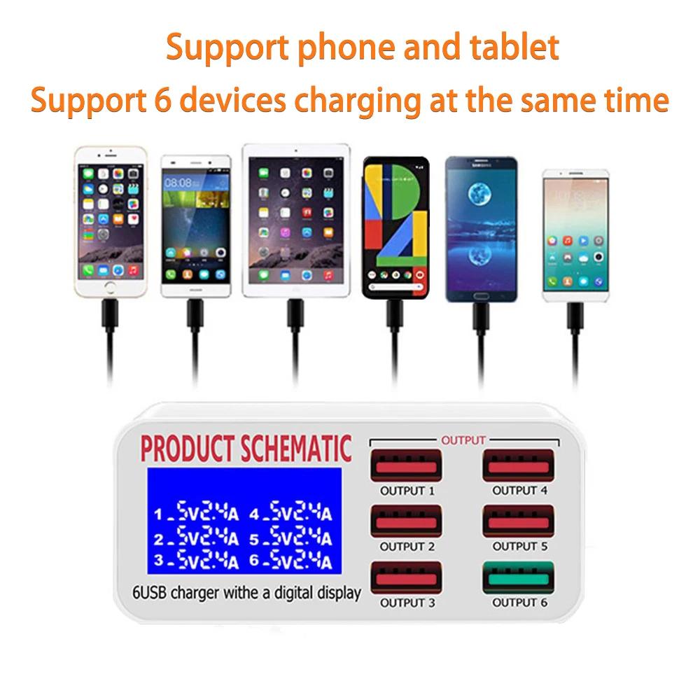 QC 3.0 USB Charger Station with LCD Display 6 USB Ports Desktop Smart Fast Charging HUB Stands for IPhone Por MAX Tablet PC