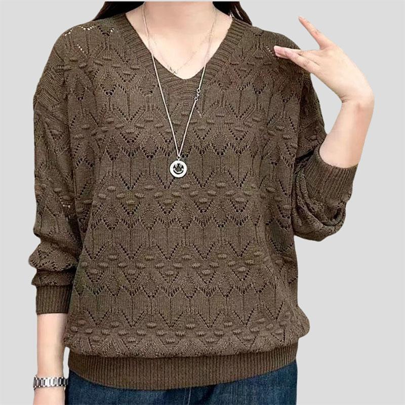 Summer   Women's Thin Hollow Plus Size Sweater  Solid Color V-Neck Loose Knit Pullover Sweater