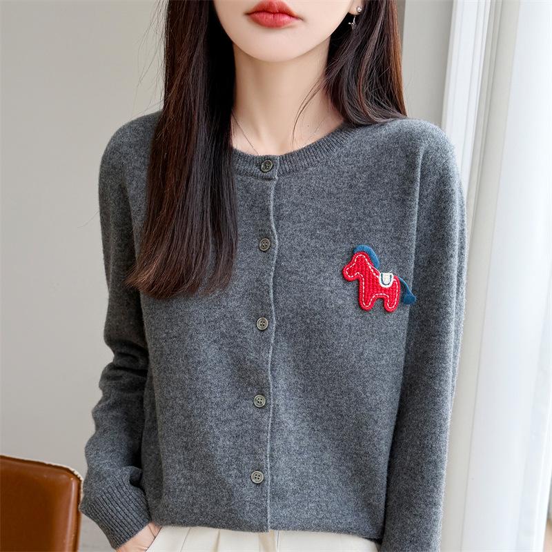 Korean Little Pony Embroidered Round-Neck Red Knit Cardigan: Women's Loose Fit High-End Style Sweater