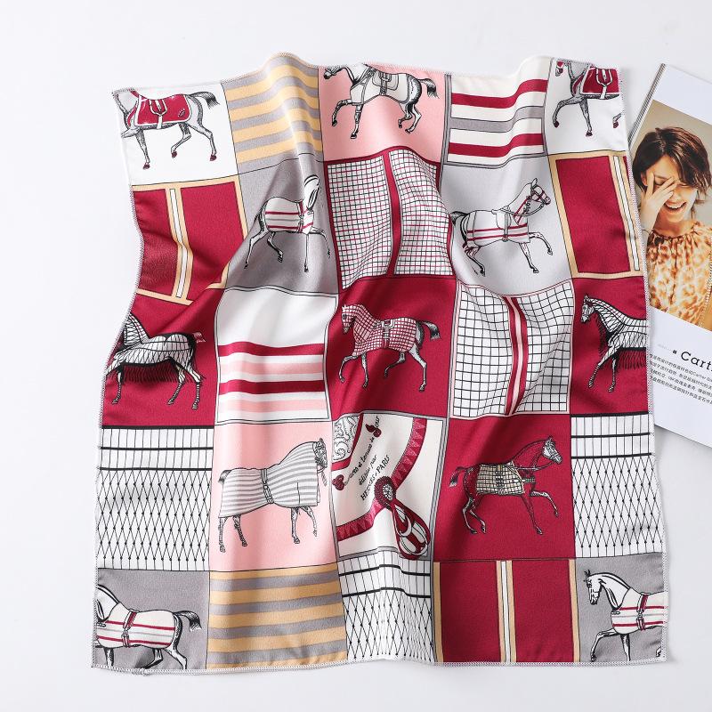 50X50CM Women Square Scarf Horse Printing Hair Neck Scarfs For Ladies Kerchief Twill Imitation Silk Foulard Scarves&Wraps