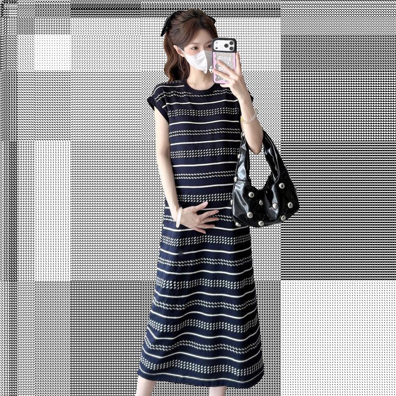 New Summer Maternity Dress: Short-Sleeved Polo Collar, Contrasting Stripes, Slimming Ice Silk, Long Length
