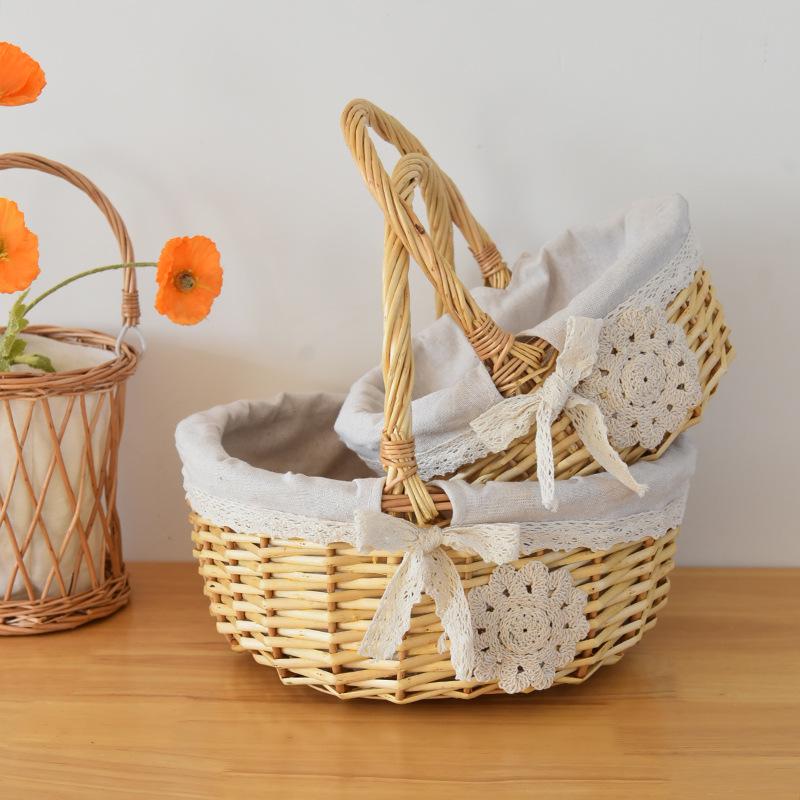 Handheld Rattan Flower & Egg Basket with Ribbon Lining for Weddings