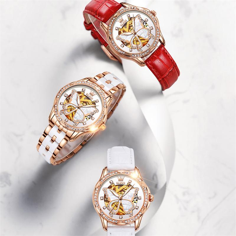 OLEVS New Fashion Luxury Ceramics Butterfly Surface Watch Women Automatic Mechanical Watches For Women Montre Femme Reloj