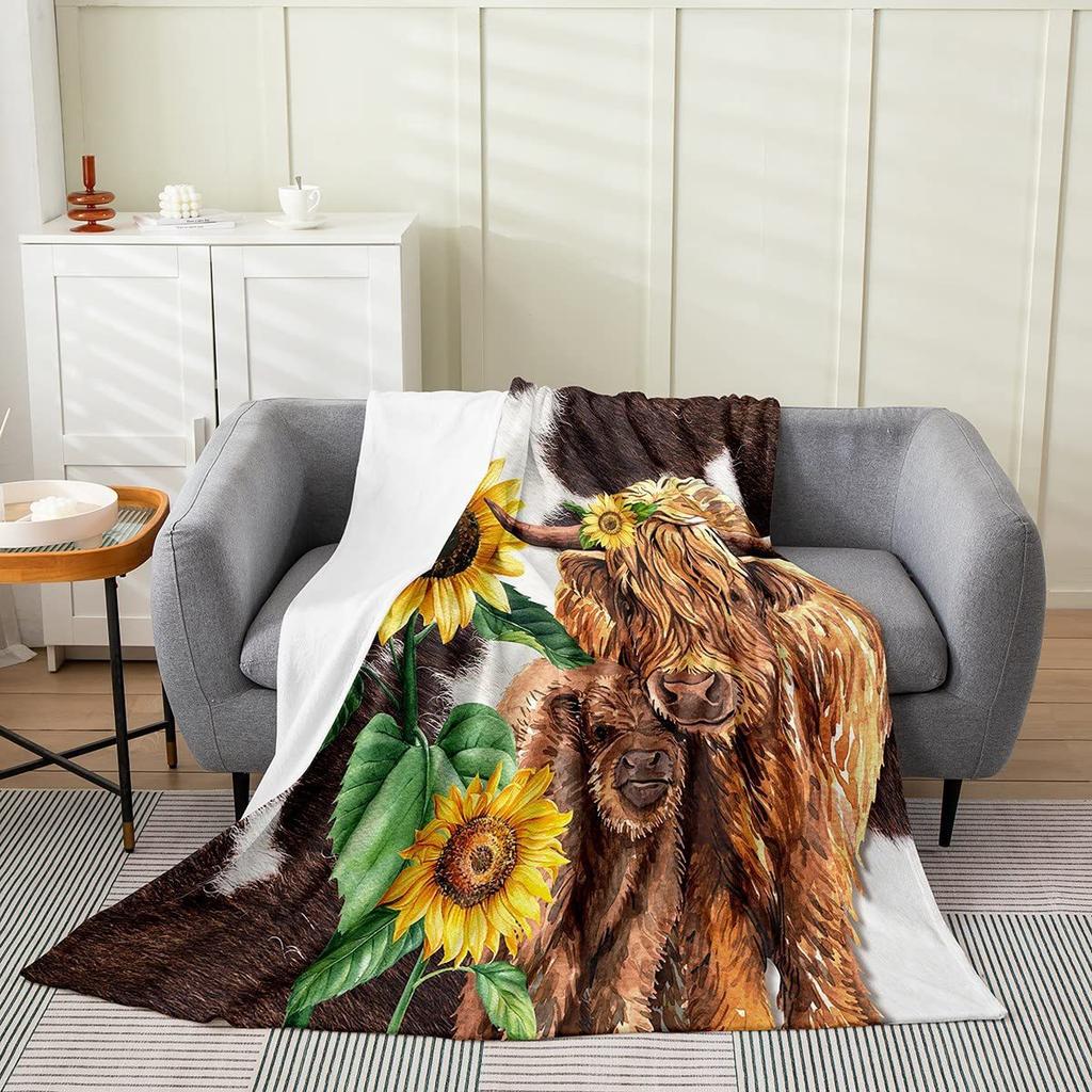 Sunflower Heights Cattle Digital-printed Polyester Bedroom Velvet Flannel Soft Sofa Cover Blanket Fleece Soft Sofa Cover