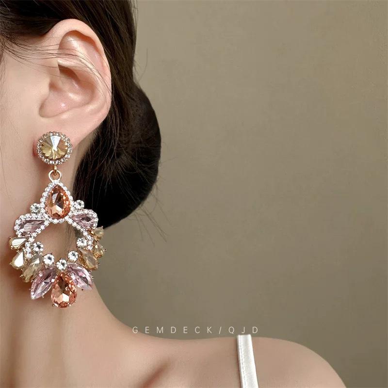 Elegant French Court Rhinestone Water Drop Tassel Earrings