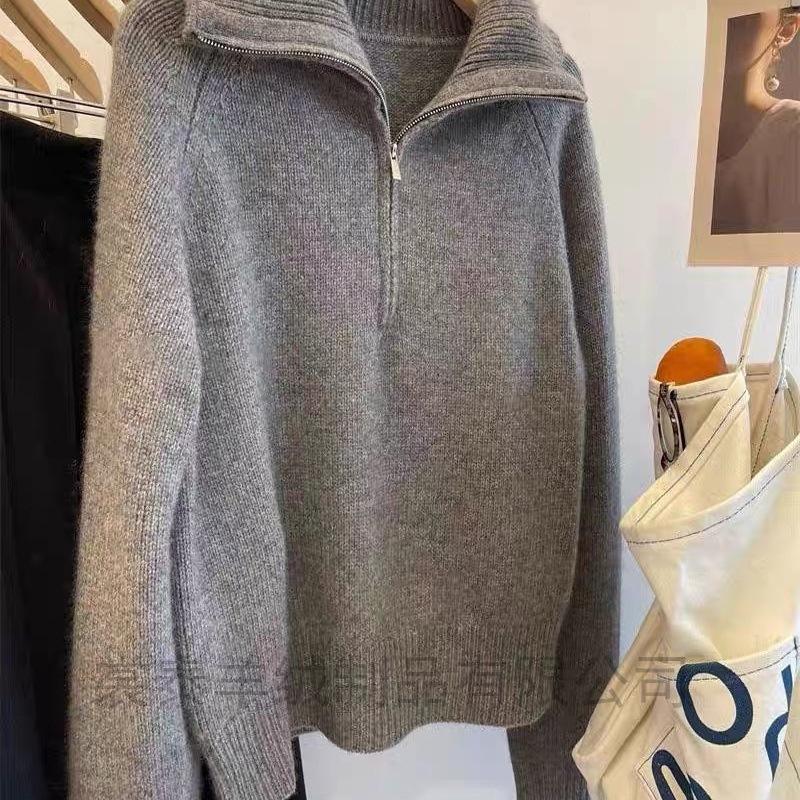 

Luxurious Gray Half-Zip Cashmere Sweater - French Retro Style, Thickened, Plus Size, with Lazy Lapel Design L 57.5-62.5kg
