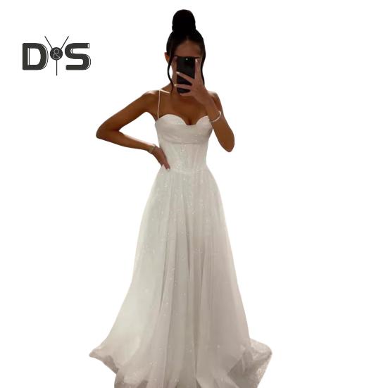 

Свадебное платье для выпускного вечера, вечернее платье с открытой спиной, на тонких бретельках, с пайетками, без рукавов, А-силуэта, длиной до пола, бальное платье с глубоким вырезом, плиссированное коктейльное платье L белый