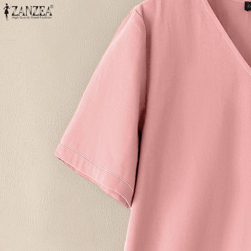 ZANZEA Damen Lässiges Sommer V-Ausschnitt Kurzarm Baumwoll-T-Shirt