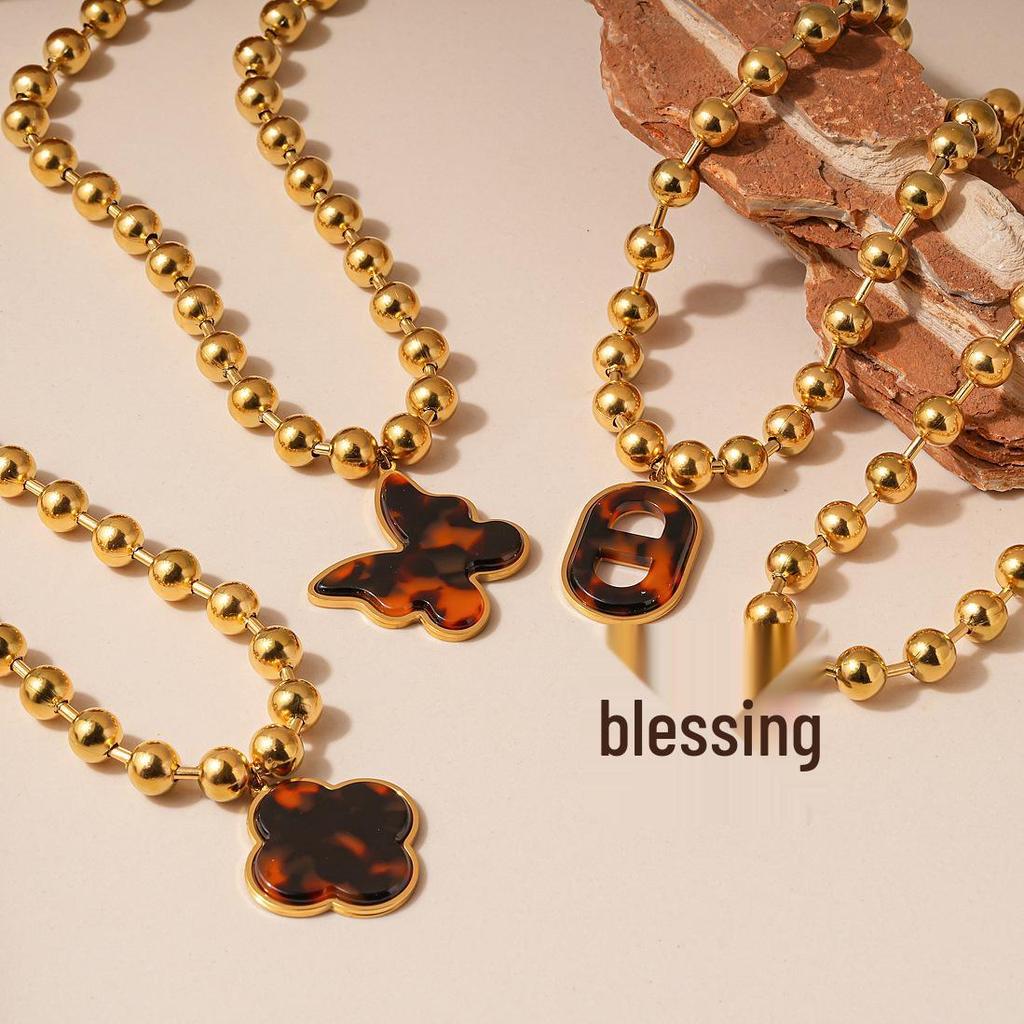 Retro European-American Beaded Titanium Steel Butterfly Flower Necklace with High-End Style