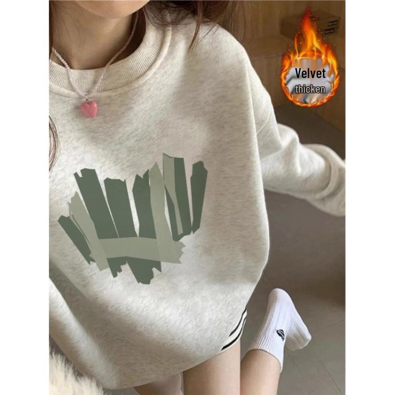Women's Fleece-Lined Sweatshirt: Cartoon Cat, White & Gray, Long Sleeve, Round Neck, Autumn/Winter 2025 Style