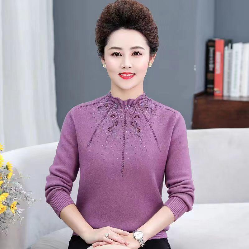 Women's Plus Size Sweater Winter Half-Turtleneck Solid Color Rhinestone Knit Pullover Sweater