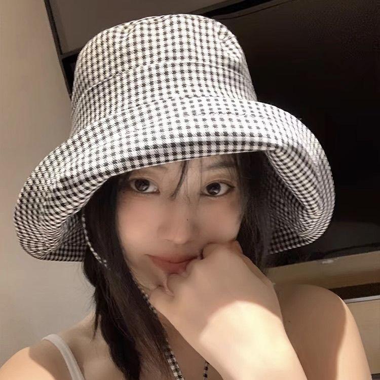 Summer Women's Sunshade Hat Sun Face Covering Fashion Thousand Bird Plaid Sunscreen Fisherman Hat