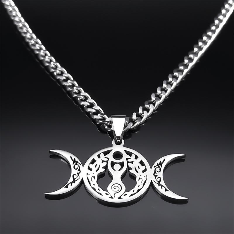 Collana Pendente Nodo Celtico Luna Tripla Catena per Clavicola Moda Acciaio Inossidabile