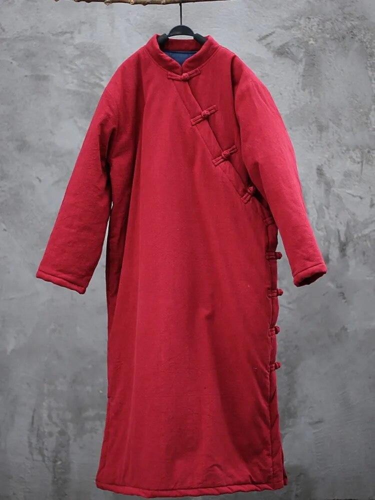 

Johnature женские парки в китайском стиле со стойкой, халаты с длинными рукавами, теплые зимние пальто, однотонные хлопковые и льняные парки из хлопка One Size бордовый