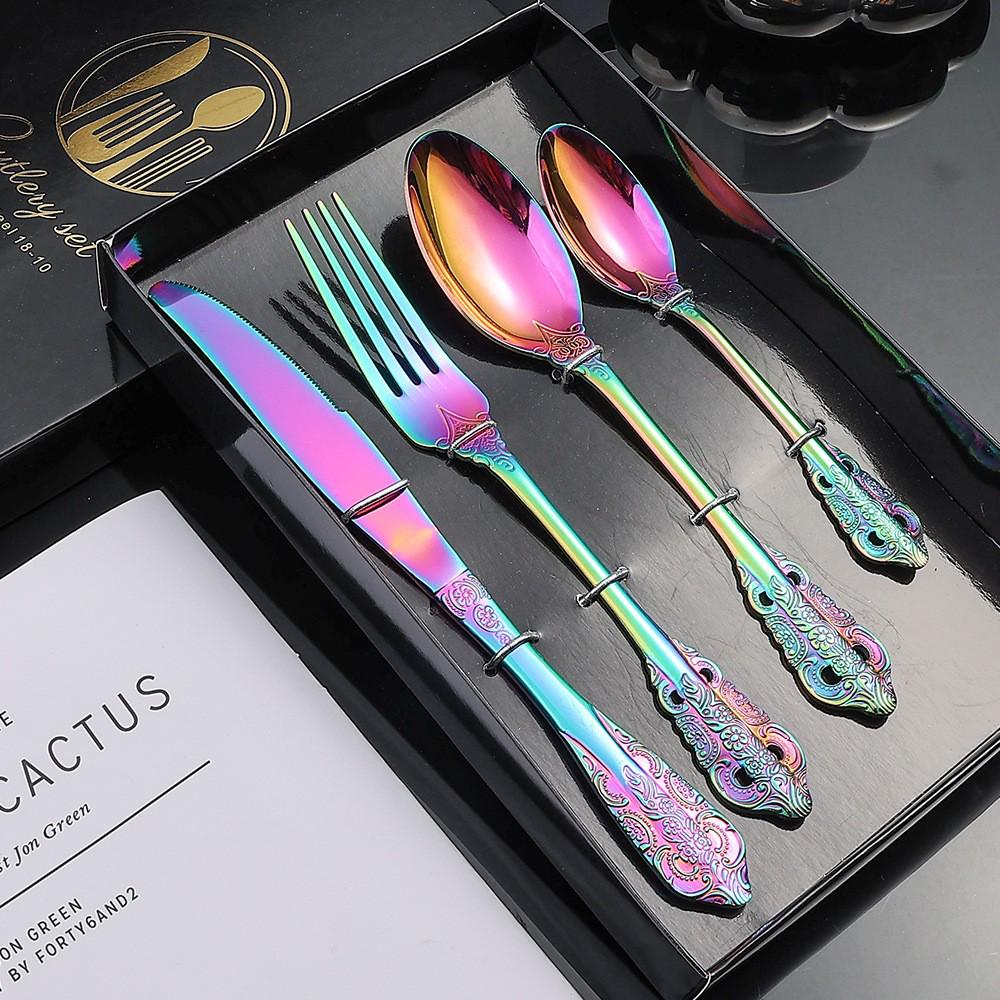 Vintage Embossed Stainless Steel Cutlery Set: European Knife, Fork, Spoon, and Bistro Steak Knife