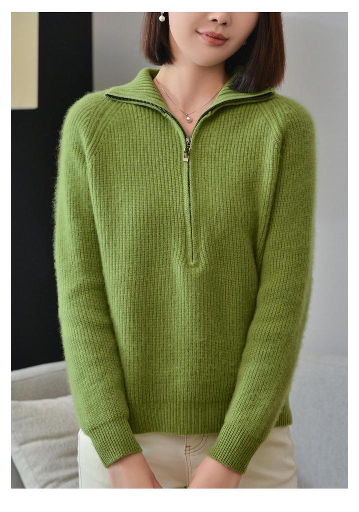 Women's Versatile Half-Zip Stand Collar Wool Sweater - Solid Color, Long Sleeve Knitwear for Autumn and Winter